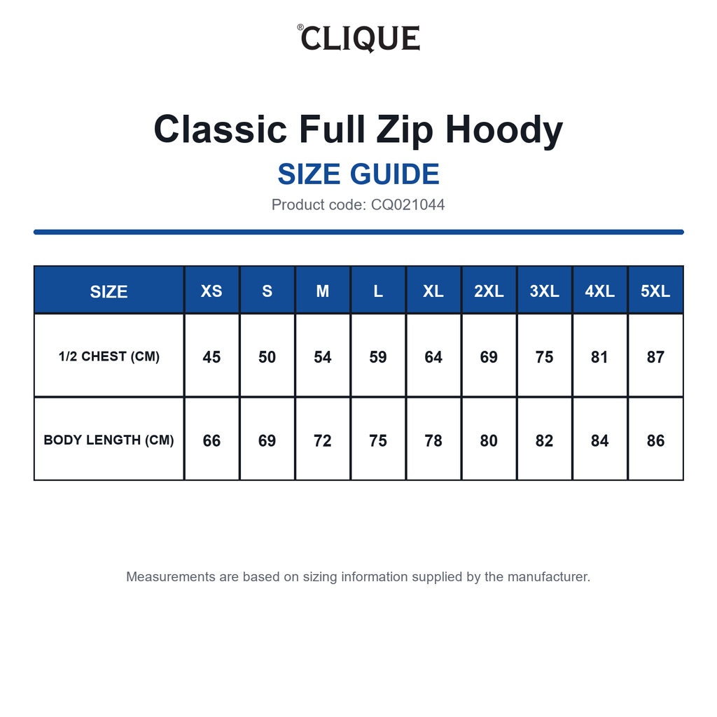 CQ021044 Clique Classic Full Zip Hoody size guide (CQ021044)