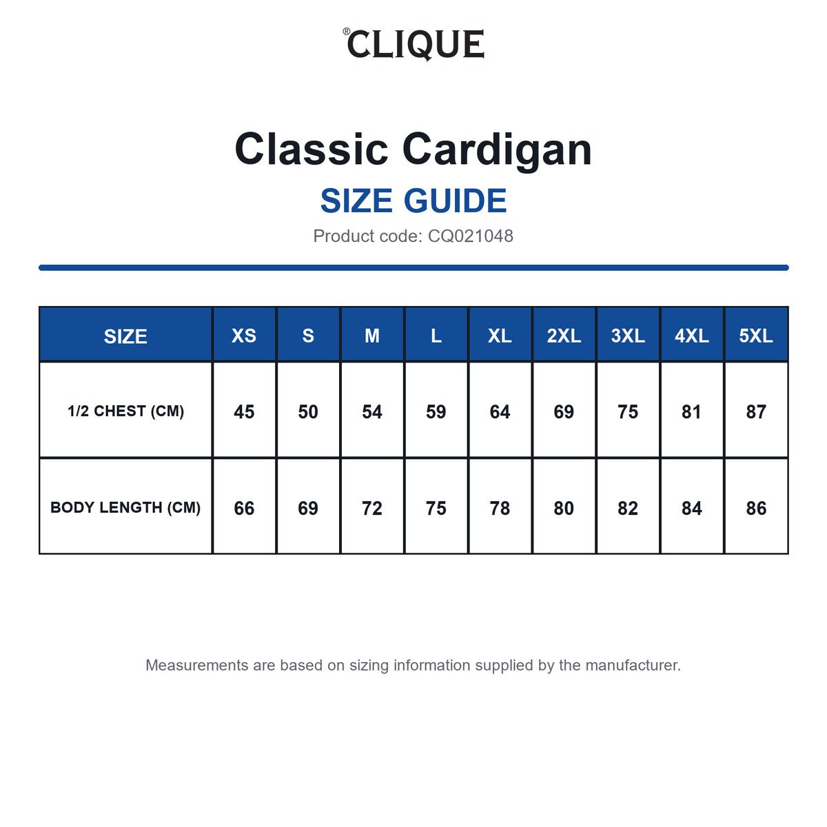 CQ021048 Clique Classic Cardigan size guide (CQ021048)