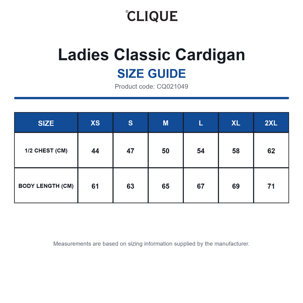 CQ021049 Clique Ladies Classic Cardigan size guide (CQ021049)