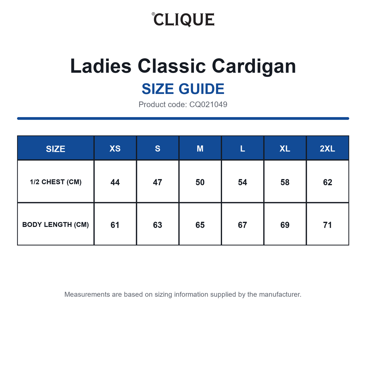 CQ021049 Clique Ladies Classic Cardigan size guide (CQ021049)