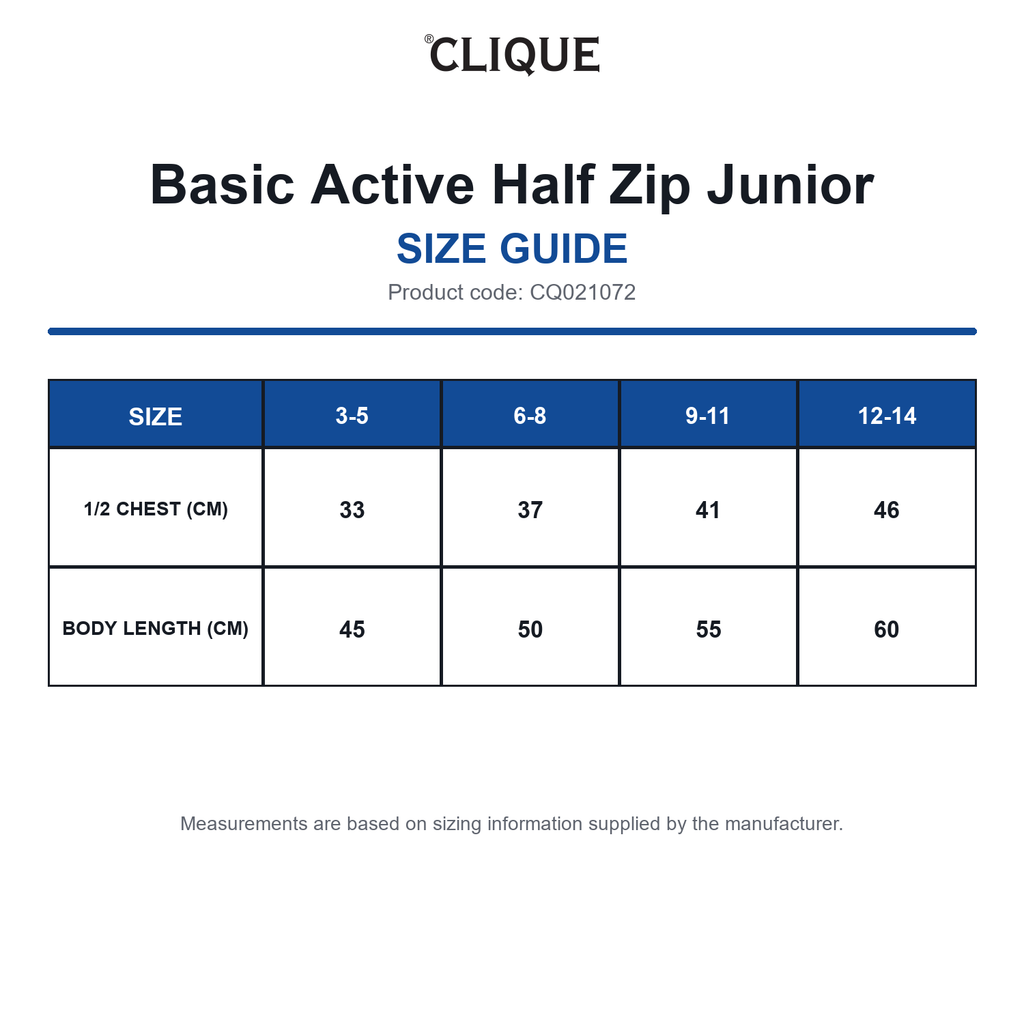 CQ021072 Clique Basic Active Half Zip Junior size guide (CQ021072)