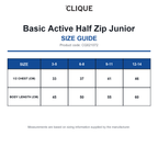 CQ021072 Clique Basic Active Half Zip Junior size guide (CQ021072)