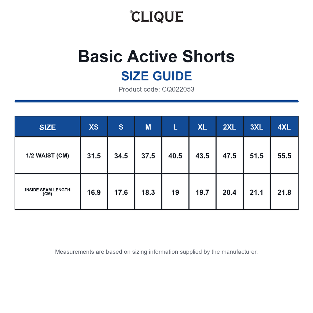 CQ022053 Clique Basic Active Shorts size guide (CQ022053)