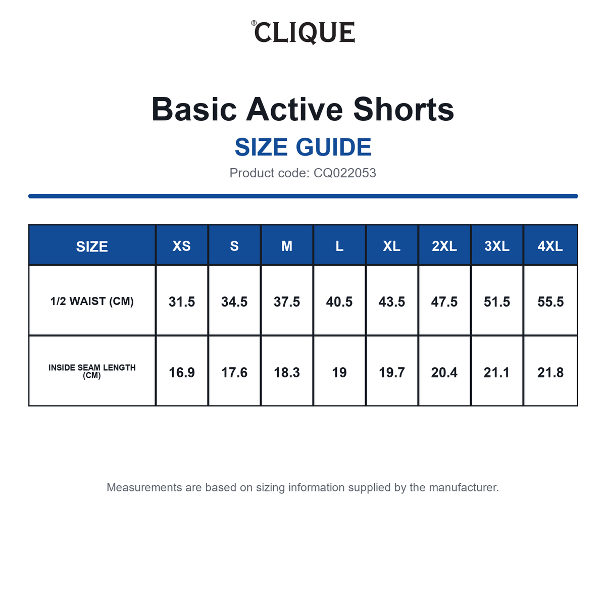CQ022053 Clique Basic Active Shorts size guide (CQ022053)