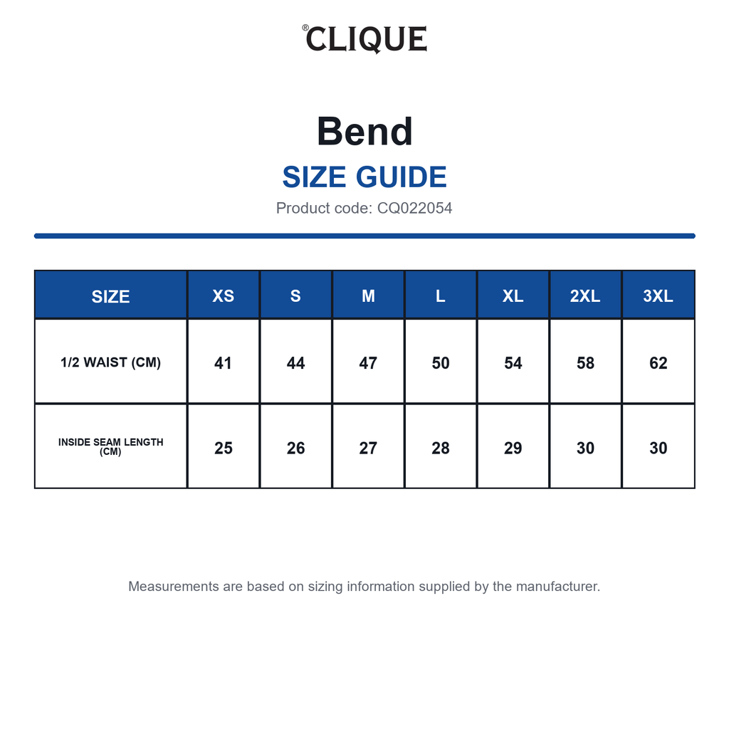 CQ022054 Clique Bend size guide (CQ022054)