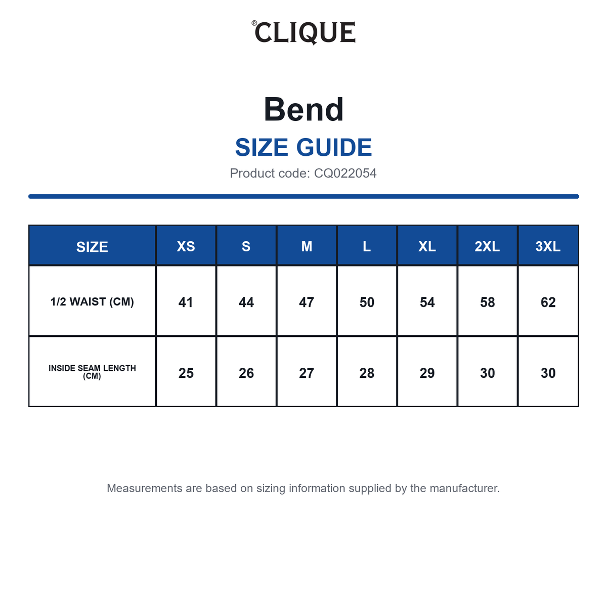 CQ022054 Clique Bend size guide (CQ022054)