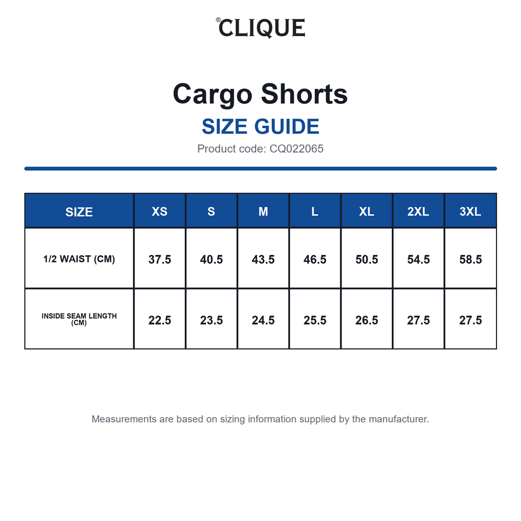 CQ022065 Clique Cargo Shorts size guide (CQ022065)