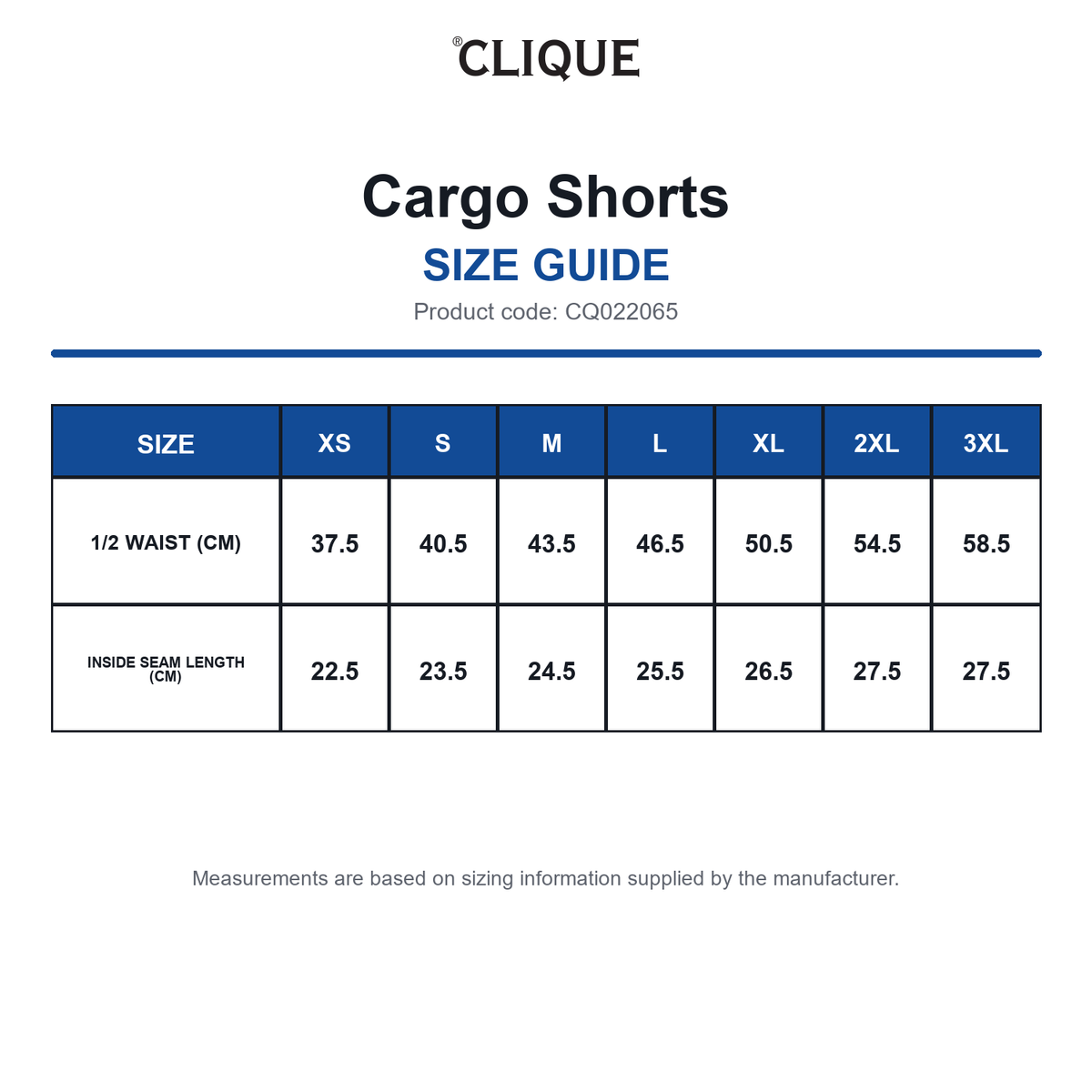 CQ022065 Clique Cargo Shorts size guide (CQ022065)