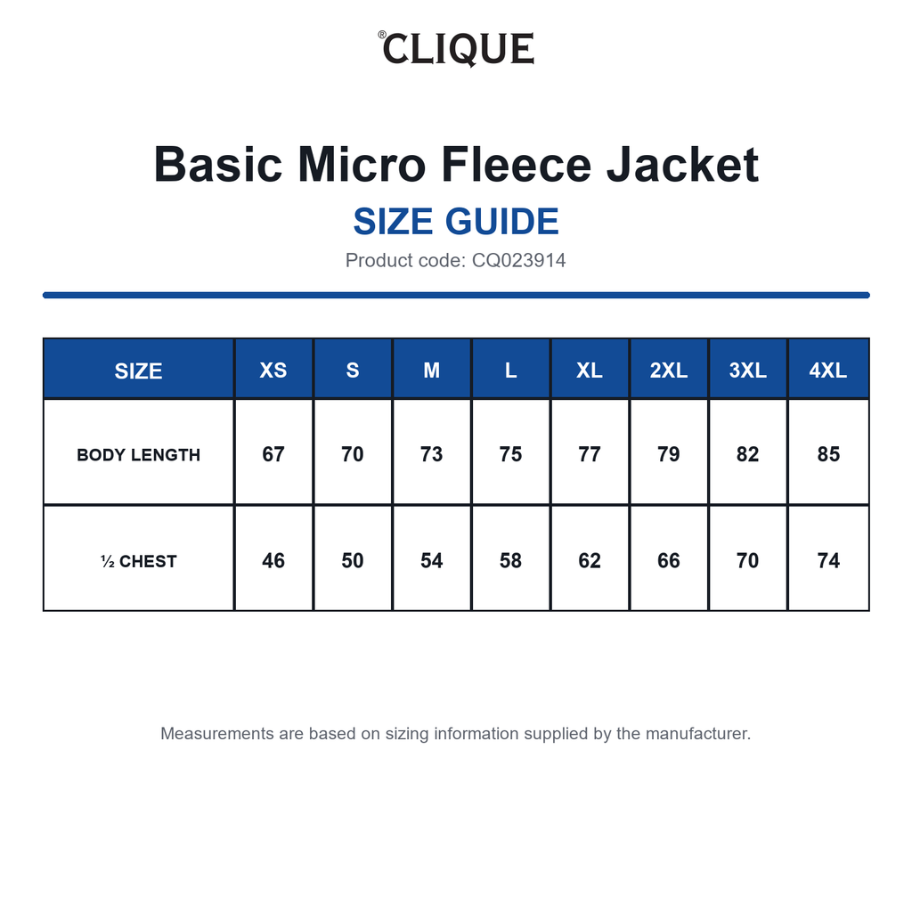 CQ023914 Clique Basic Micro Fleece Jacket size guide (CQ023914)