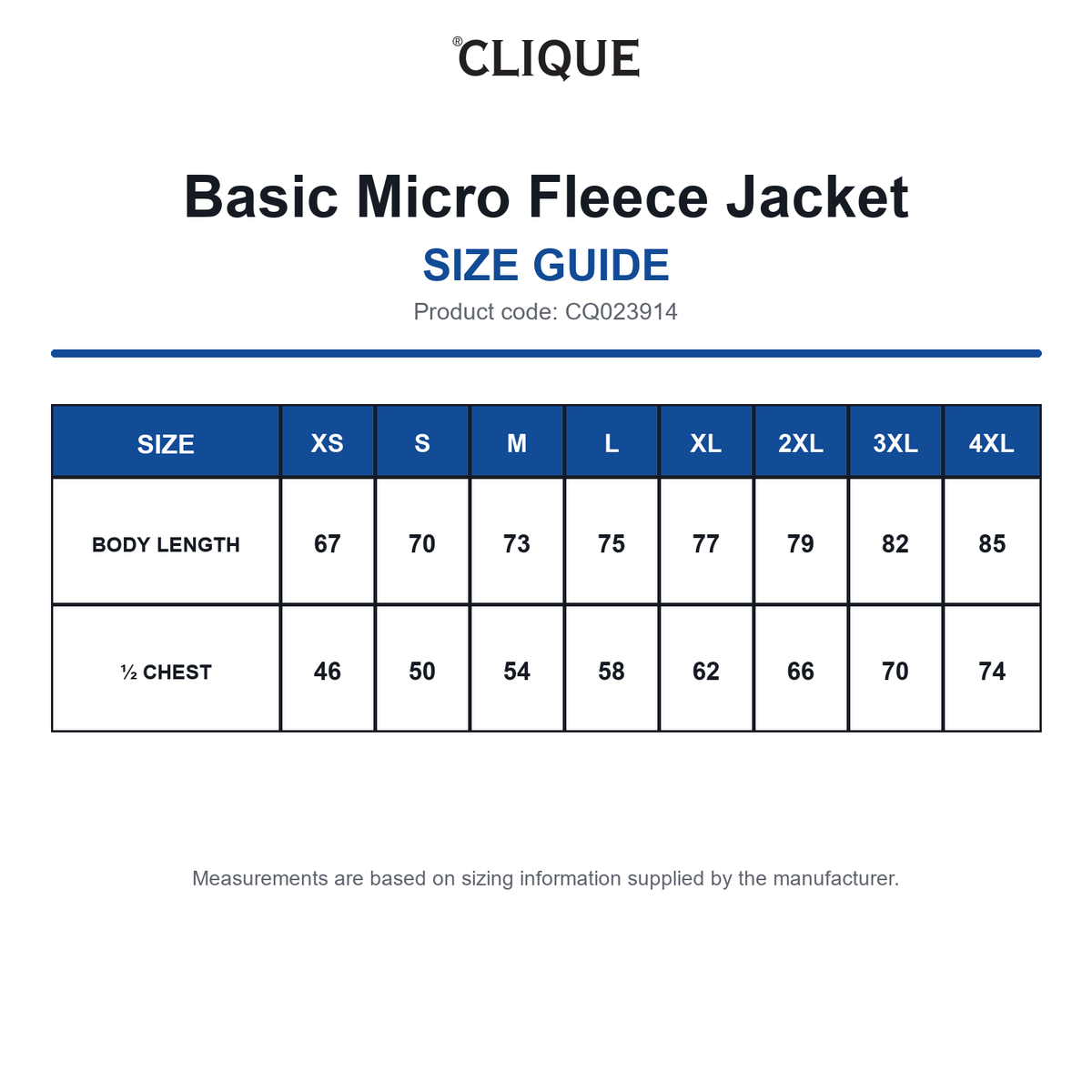 CQ023914 Clique Basic Micro Fleece Jacket size guide (CQ023914)