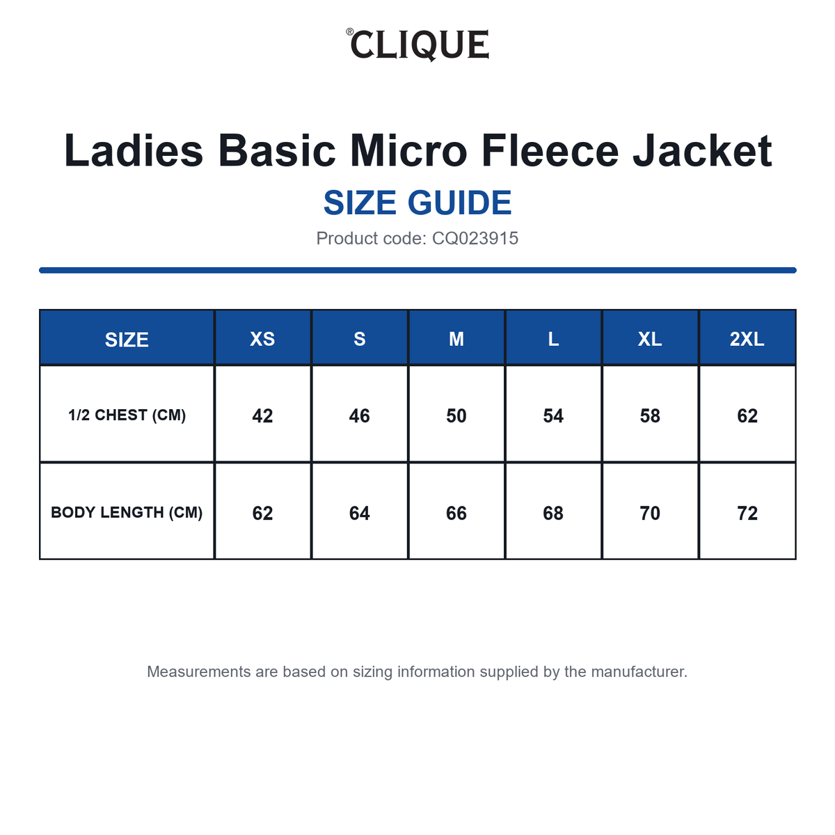 CQ023915 Clique Ladies Basic Micro Fleece Jacket size guide (CQ023915)