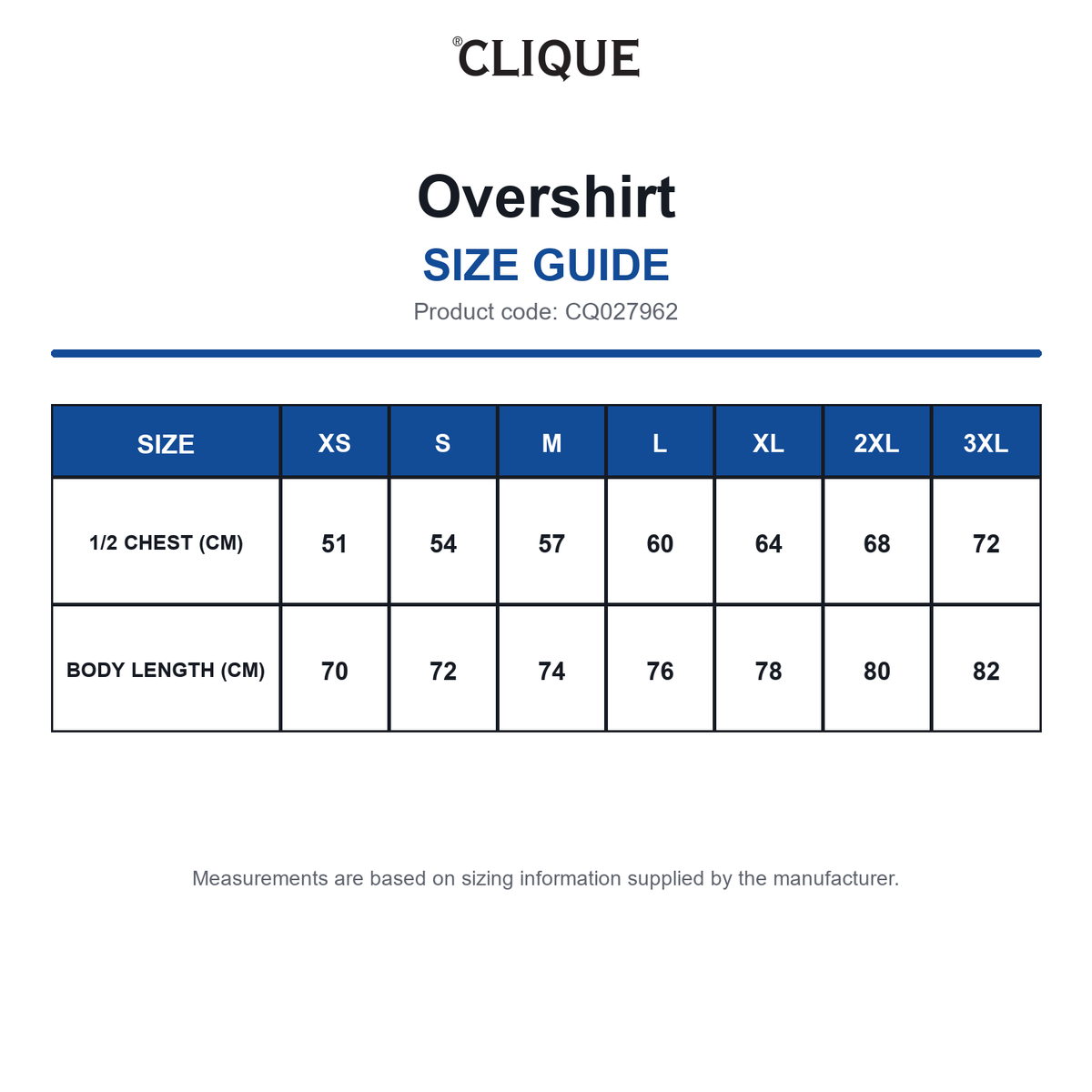 CQ027962 Clique Overshirt size guide (CQ027962)