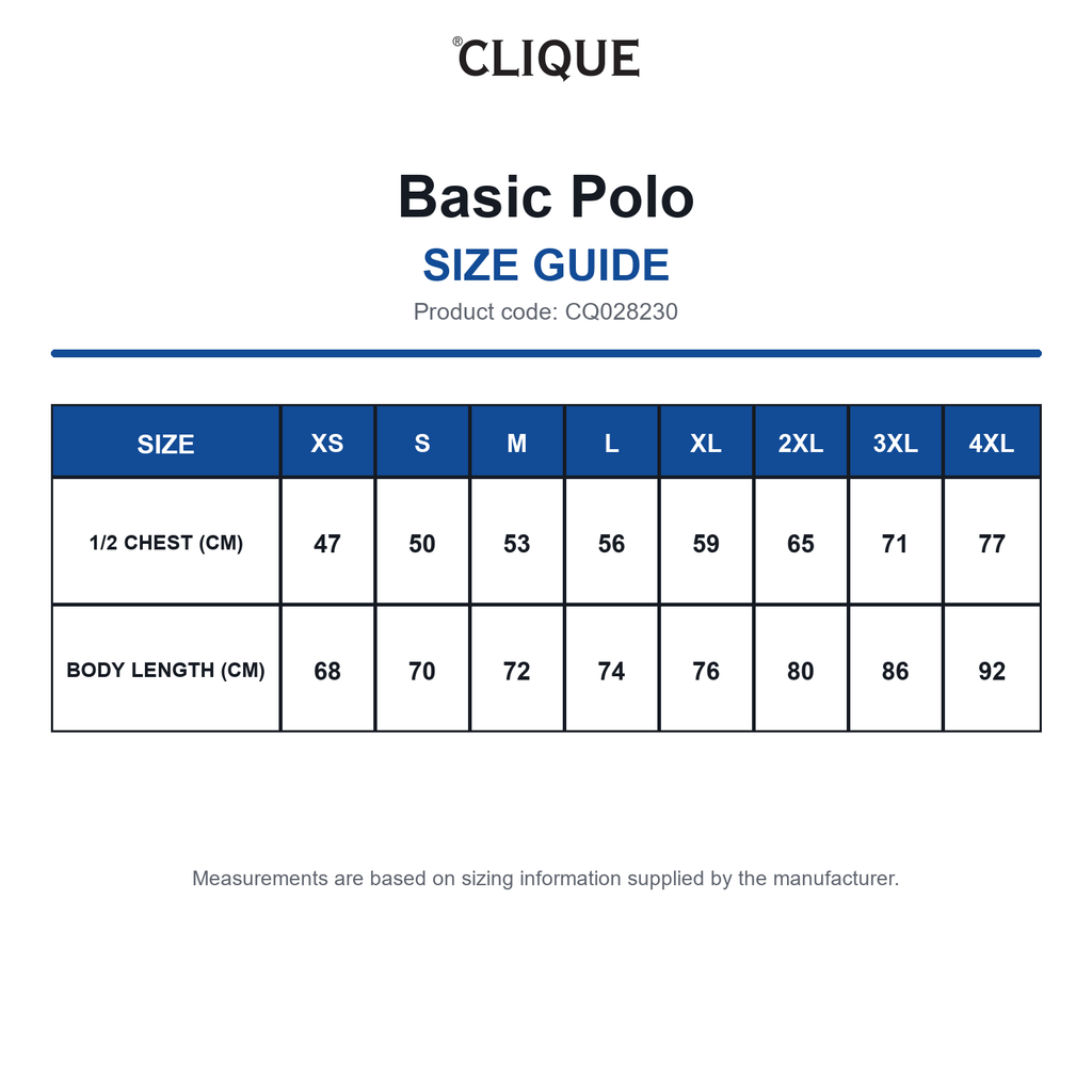 CQ028230 Clique Basic Polo size guide (CQ028230)