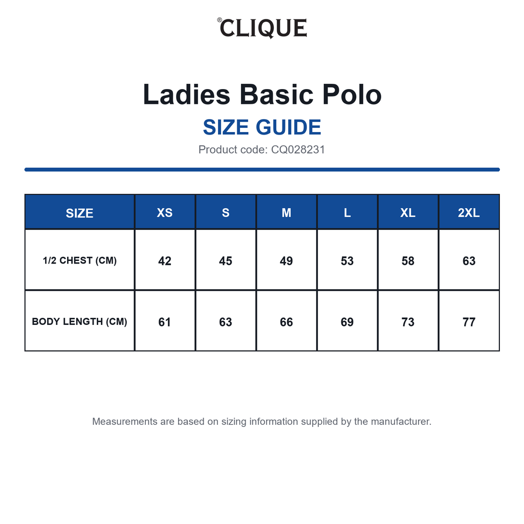 CQ028231 Clique Ladies Basic Polo size guide (CQ028231)