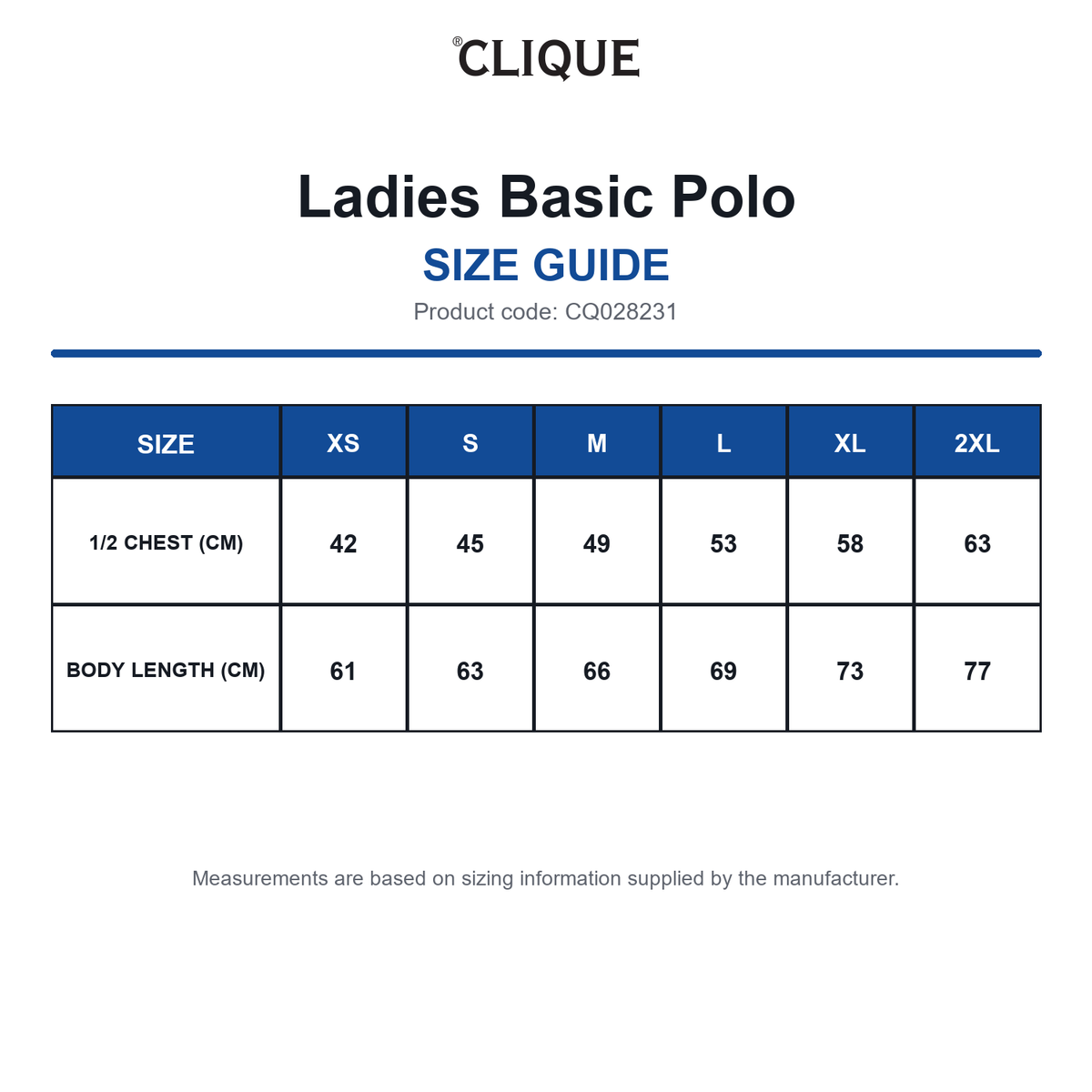 CQ028231 Clique Ladies Basic Polo size guide (CQ028231)