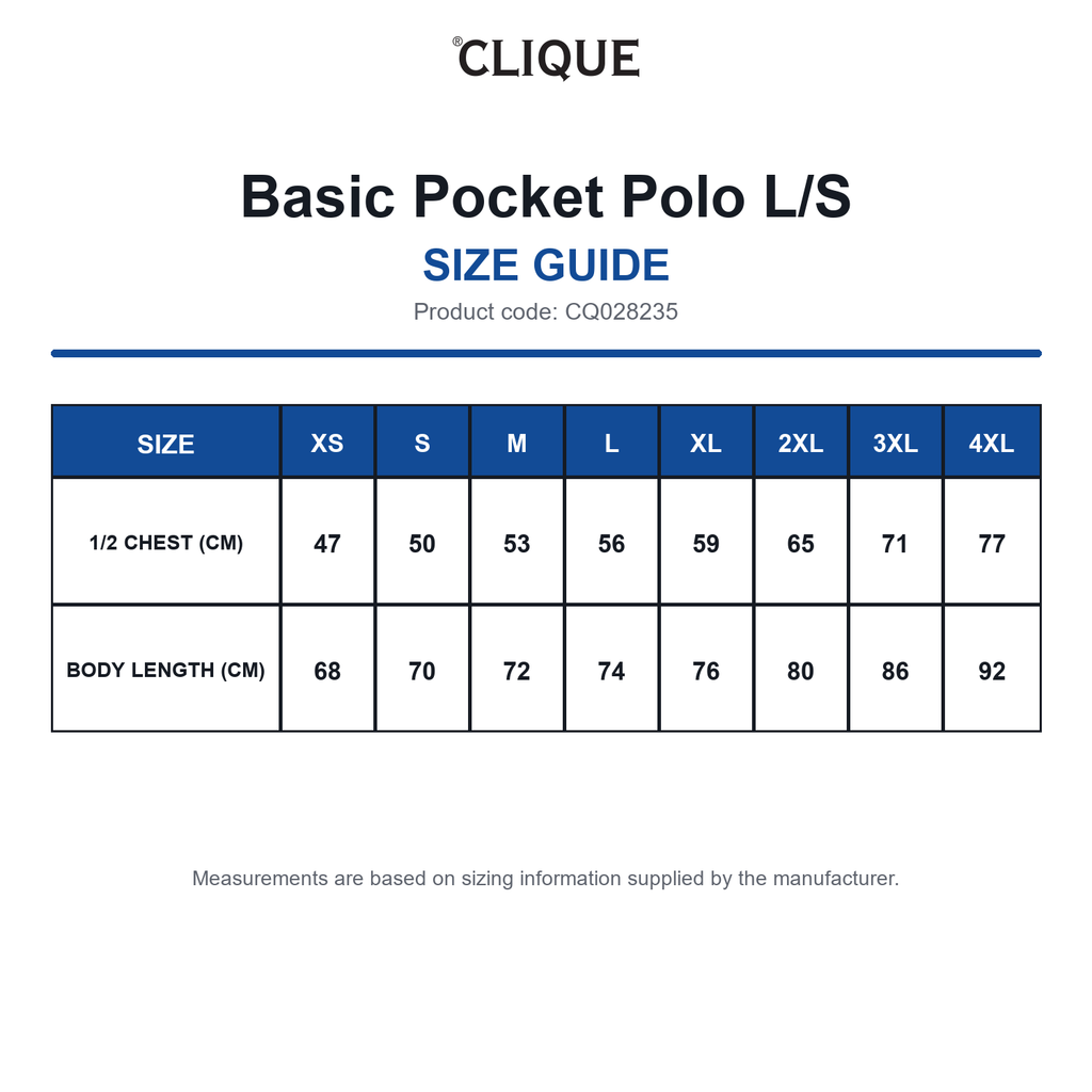CQ028235 Clique Basic Pocket Polo L/S size guide (CQ028235)