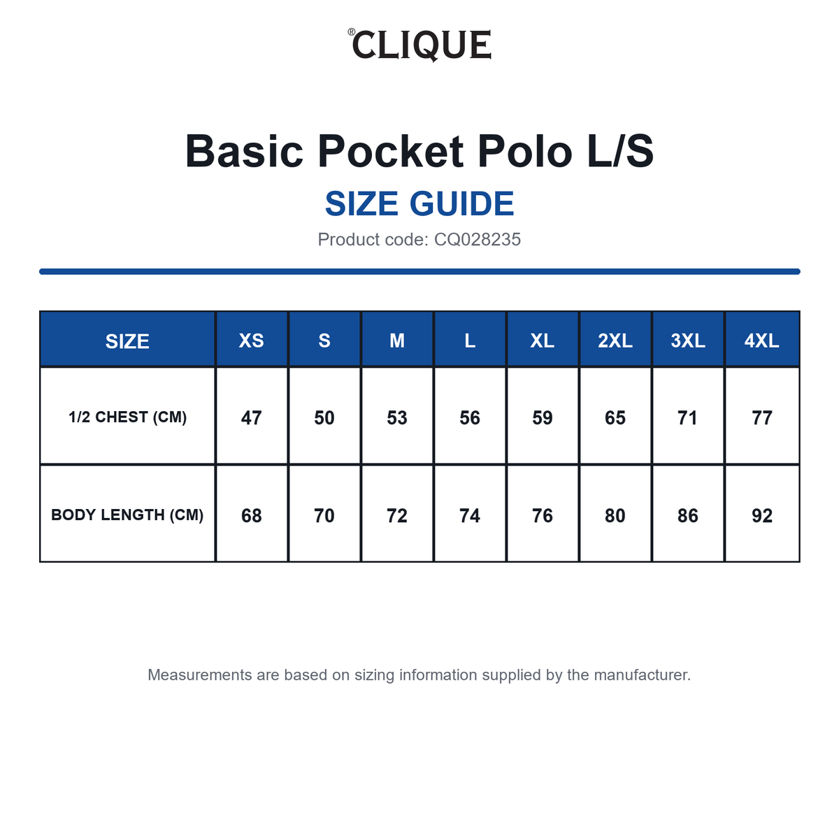 CQ028235 Clique Basic Pocket Polo L/S size guide (CQ028235)
