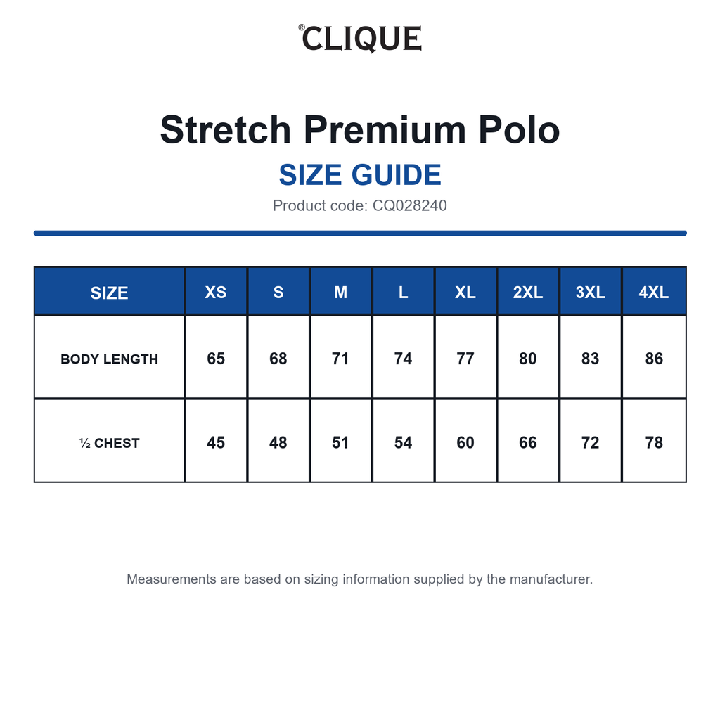 CQ028240 Clique Stretch Premium Polo size guide (CQ028240)
