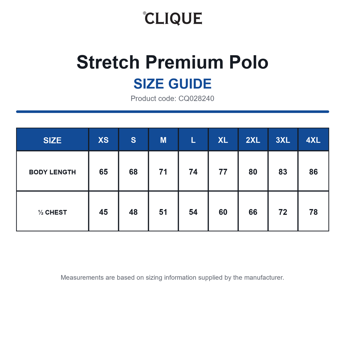 CQ028240 Clique Stretch Premium Polo size guide (CQ028240)