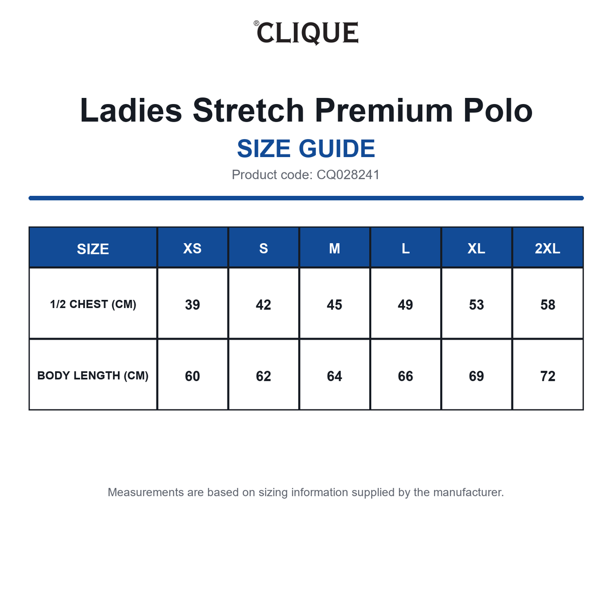 CQ028241 Clique Ladies Stretch Premium Polo size guide (CQ028241)