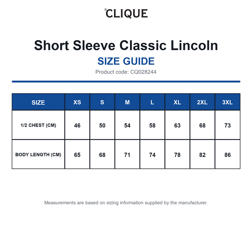 CQ028244 Clique Short Sleeve Classic Lincoln size guide (CQ028244)