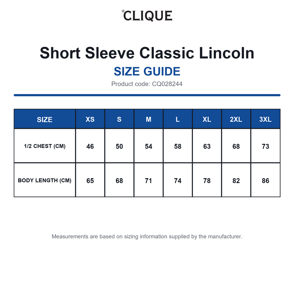 CQ028244 Clique Short Sleeve Classic Lincoln size guide (CQ028244)