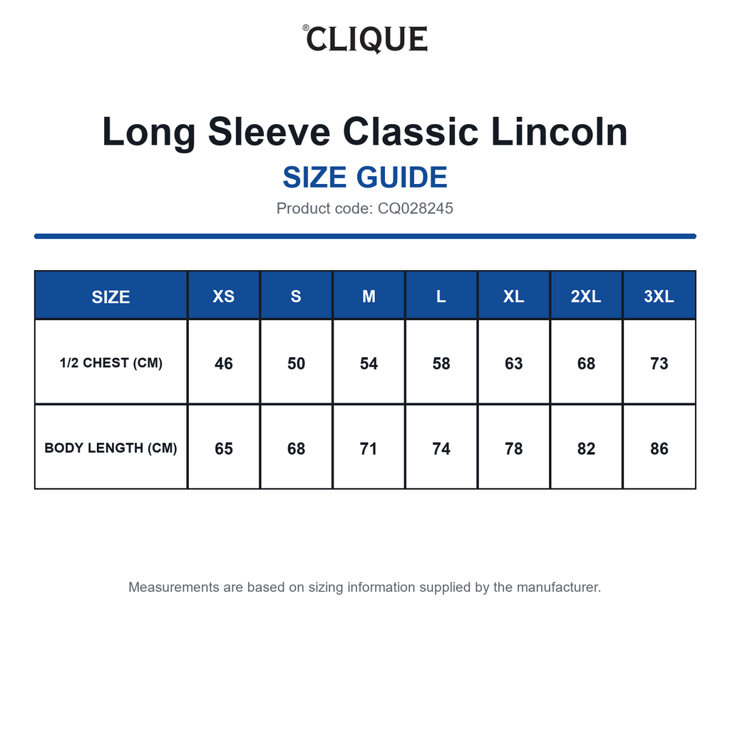 CQ028245 Clique Long Sleeve Classic Lincoln size guide (CQ028245)