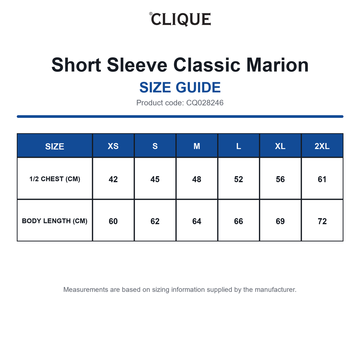 CQ028246 Clique Short Sleeve Classic Marion size guide (CQ028246)