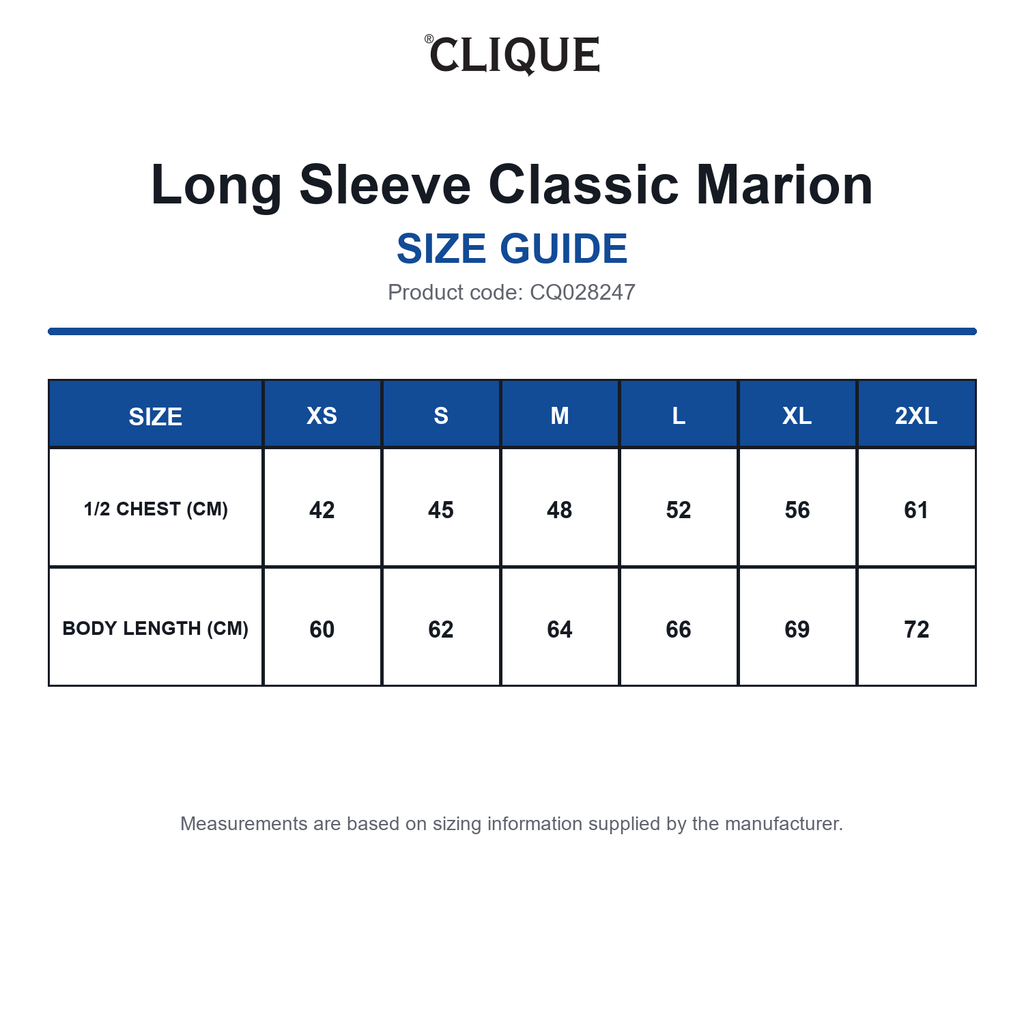 CQ028247 Clique Long Sleeve Classic Marion size guide (CQ028247)