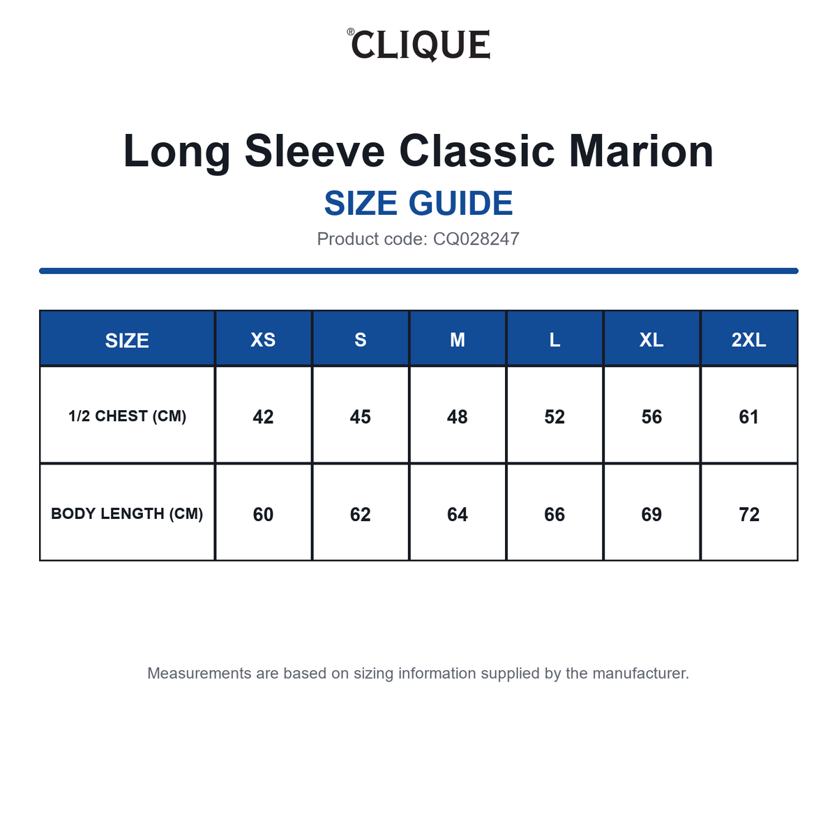 CQ028247 Clique Long Sleeve Classic Marion size guide (CQ028247)