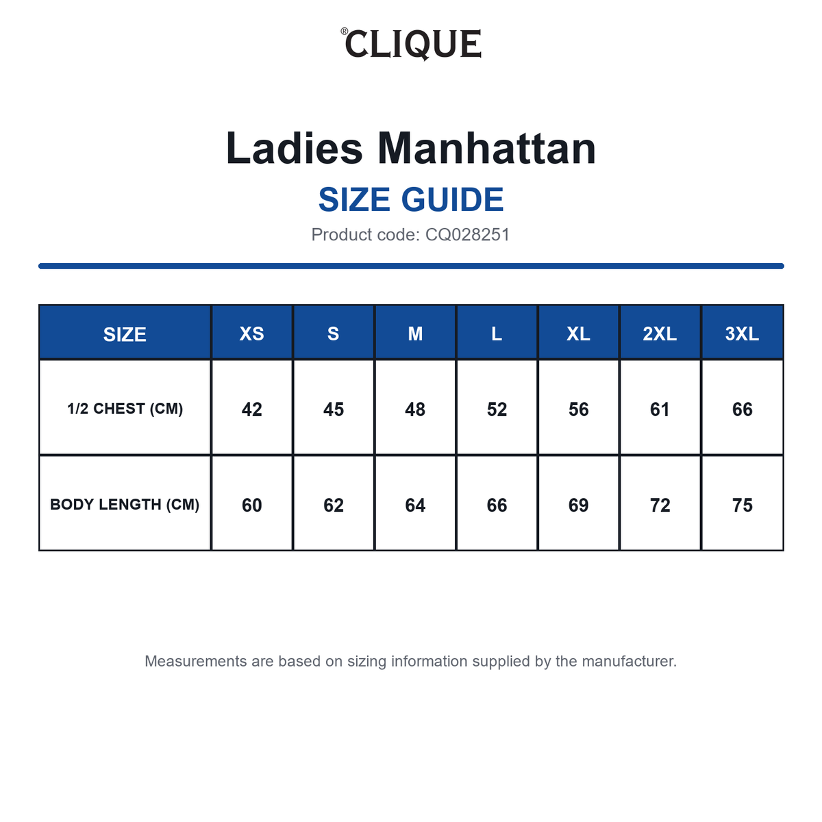 CQ028251 Clique Ladies Manhattan size guide (CQ028251)