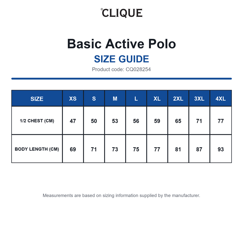 CQ028254 Clique Basic Active Polo size guide (CQ028254)