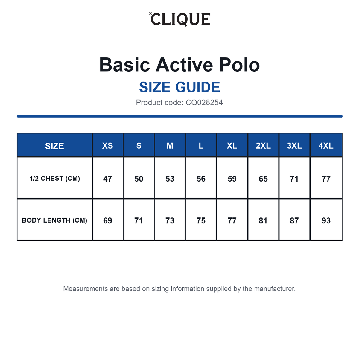CQ028254 Clique Basic Active Polo size guide (CQ028254)