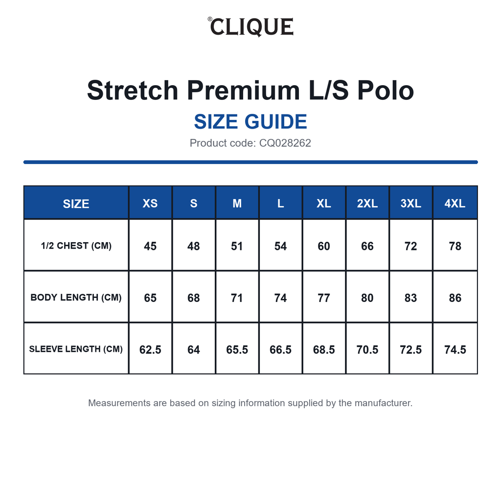 CQ028262 Clique Stretch Premium L/S Polo size guide (CQ028262)