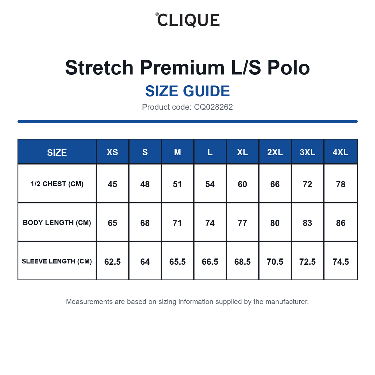 CQ028262 Clique Stretch Premium L/S Polo size guide (CQ028262)