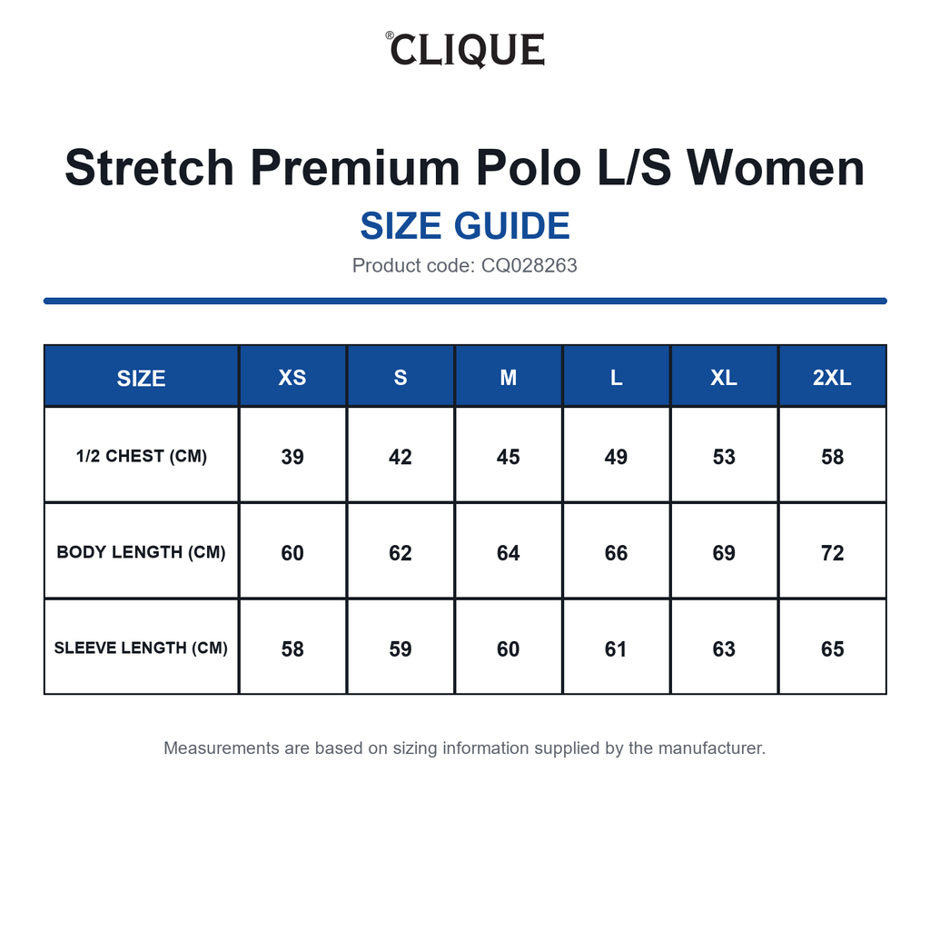CQ028263 Clique Stretch Premium Polo L/S Women size guide (CQ028263)
