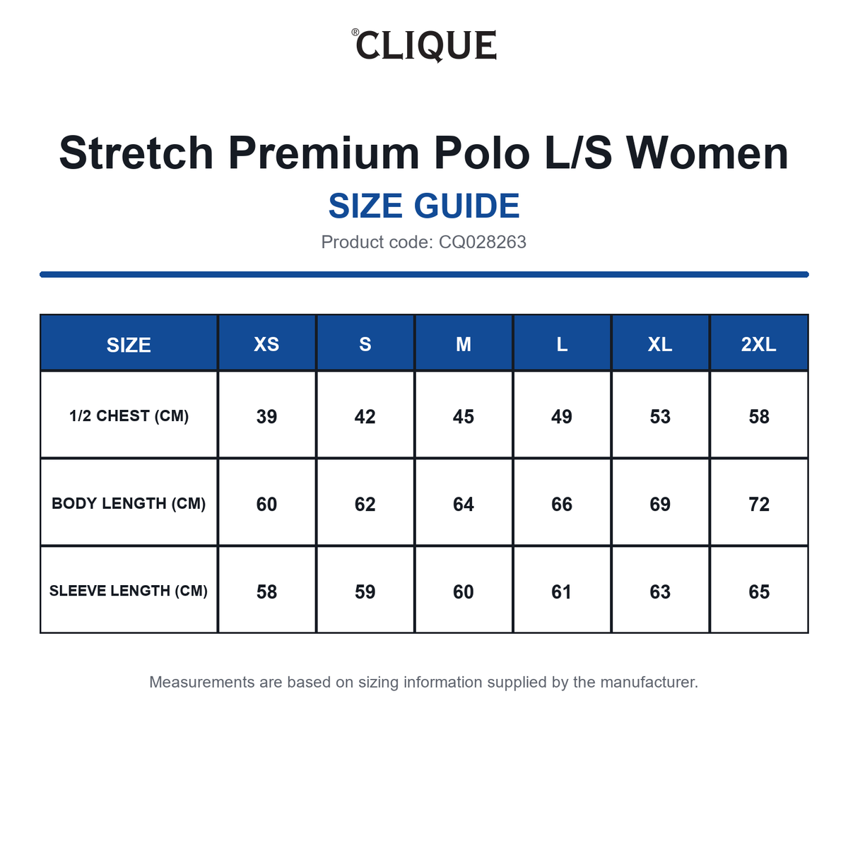 CQ028263 Clique Stretch Premium Polo L/S Women size guide (CQ028263)