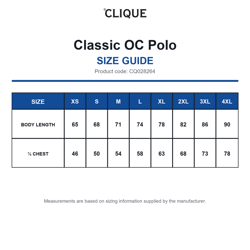 CQ028264 Clique Classic OC Polo size guide (CQ028264)