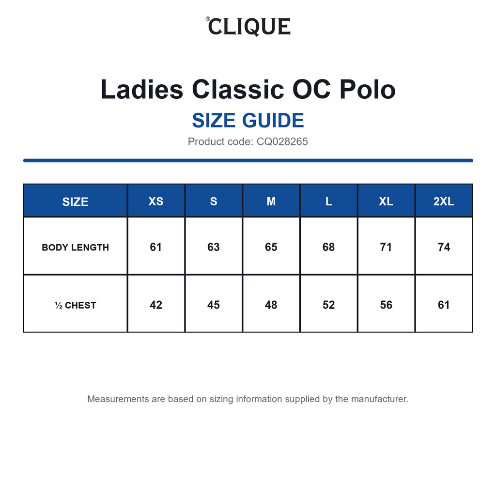 CQ028265 Clique Ladies Classic OC Polo size guide (CQ028265)