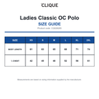 CQ028265 Clique Ladies Classic OC Polo size guide (CQ028265)