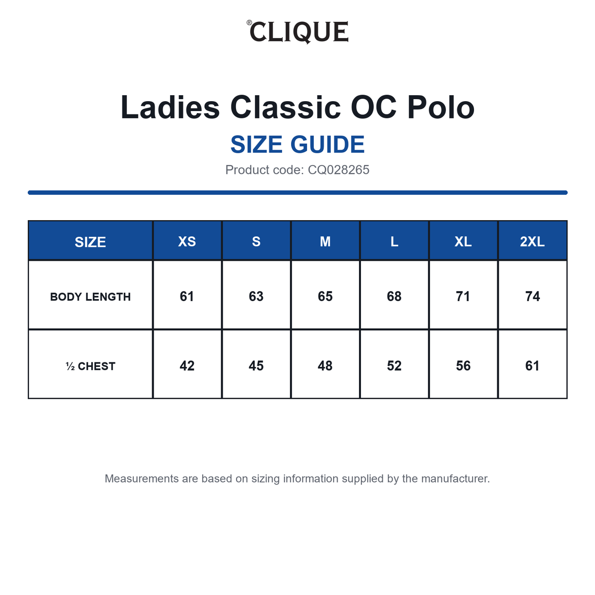 CQ028265 Clique Ladies Classic OC Polo size guide (CQ028265)