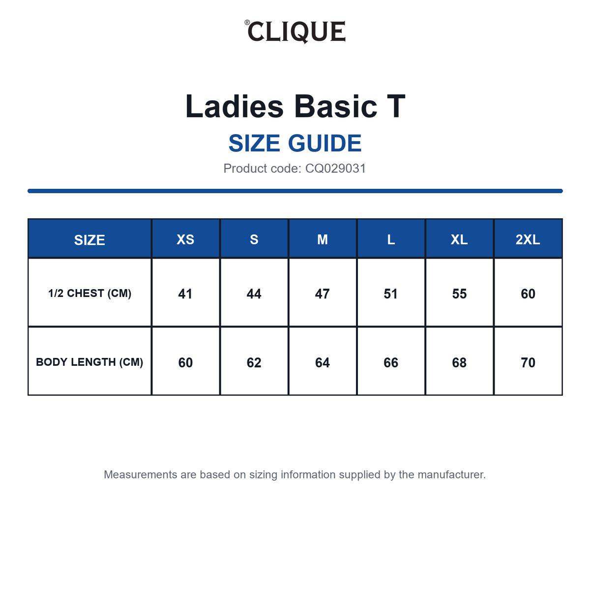 CQ029031 Clique Ladies Basic T size guide (CQ029031)