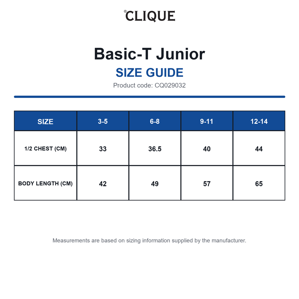 CQ029032 Clique Basic-T Junior size guide (CQ029032)