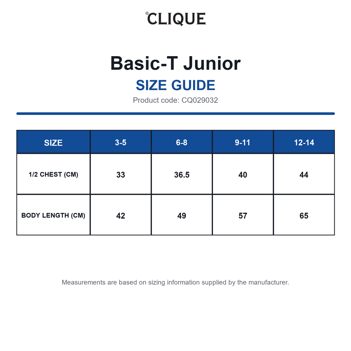 CQ029032 Clique Basic-T Junior size guide (CQ029032)