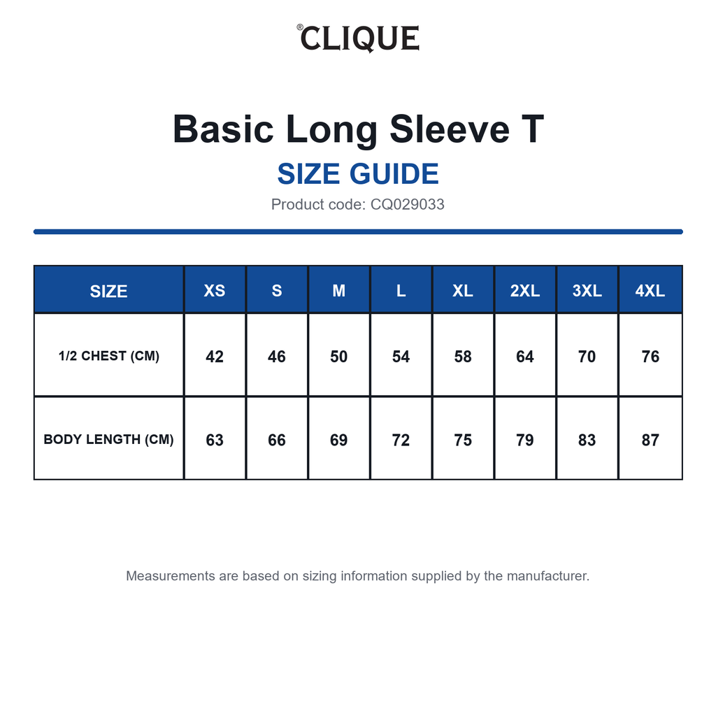 CQ029033 Clique Basic Long Sleeve T size guide (CQ029033)