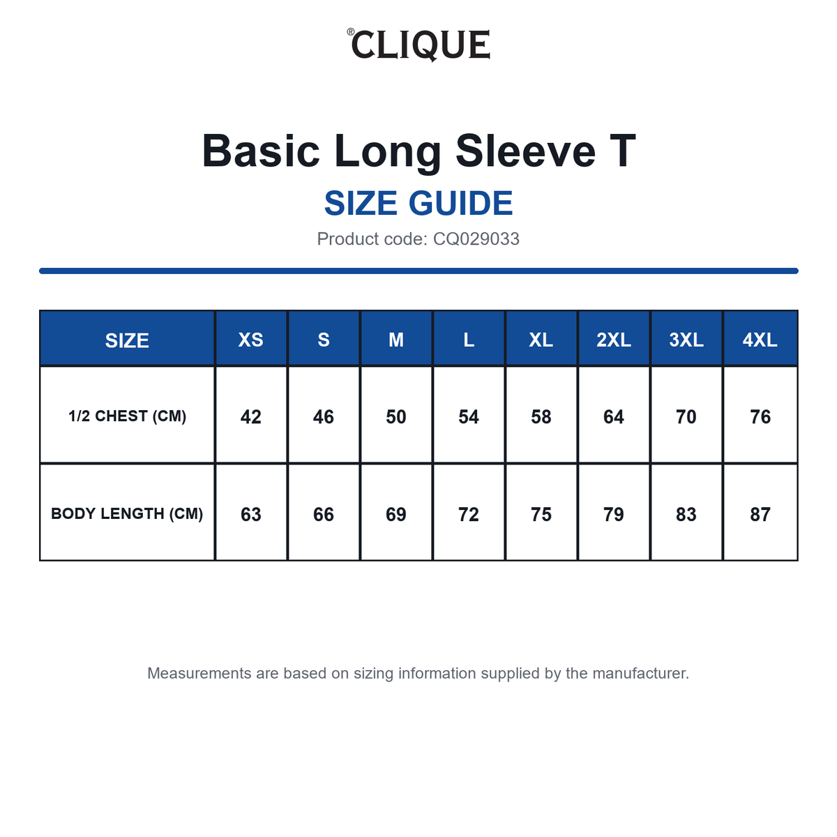 CQ029033 Clique Basic Long Sleeve T size guide (CQ029033)