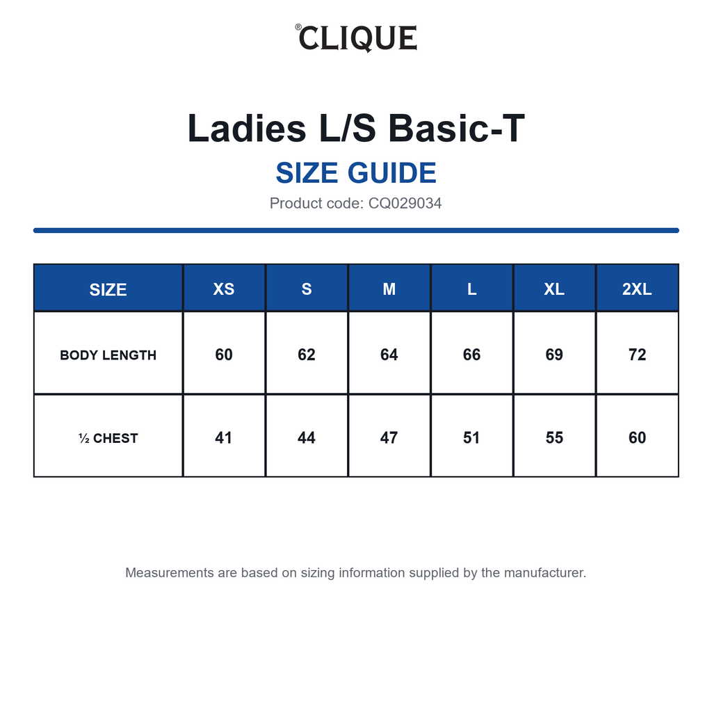 CQ029034 Clique Ladies L/S Basic-T size guide (CQ029034)