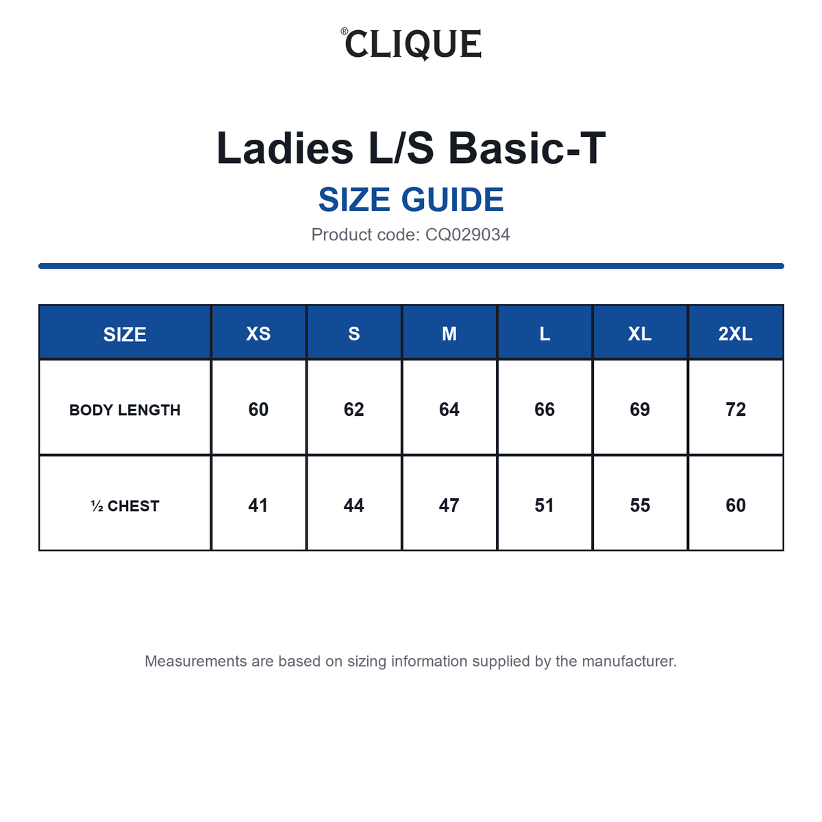 CQ029034 Clique Ladies L/S Basic-T size guide (CQ029034)
