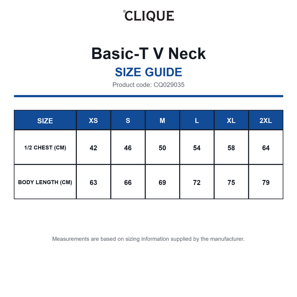 CQ029035 Clique Basic-T V Neck size guide (CQ029035)