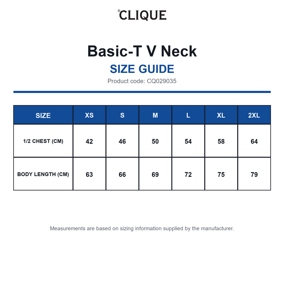 CQ029035 Clique Basic-T V Neck size guide (CQ029035)